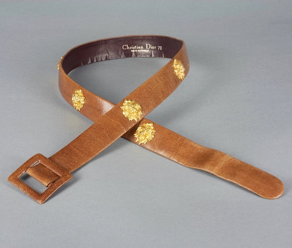 Vintage CHRISTIAN DIOR Lion Head Charms Brown Leather Belt  display picture 1