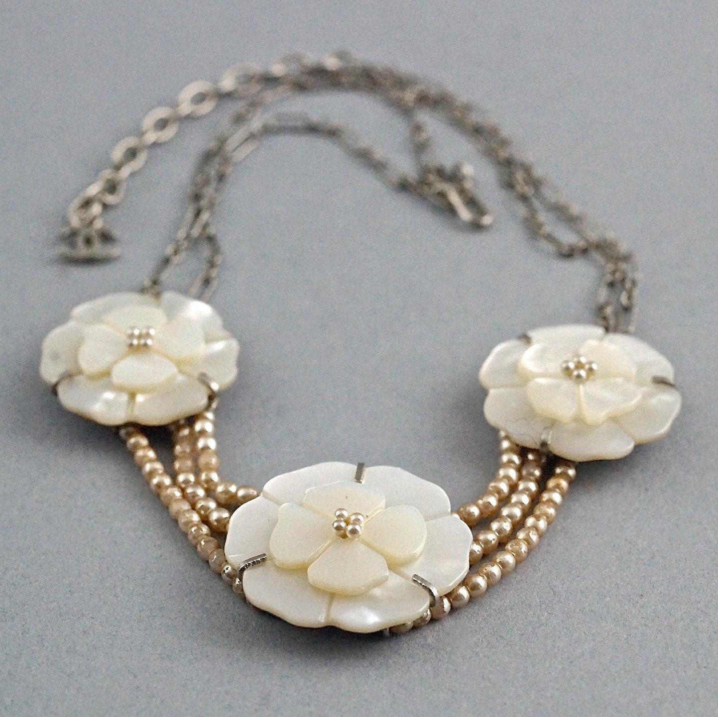 Vintage CHANEL Camellia Mother of Pearl Flower Multi Strand 