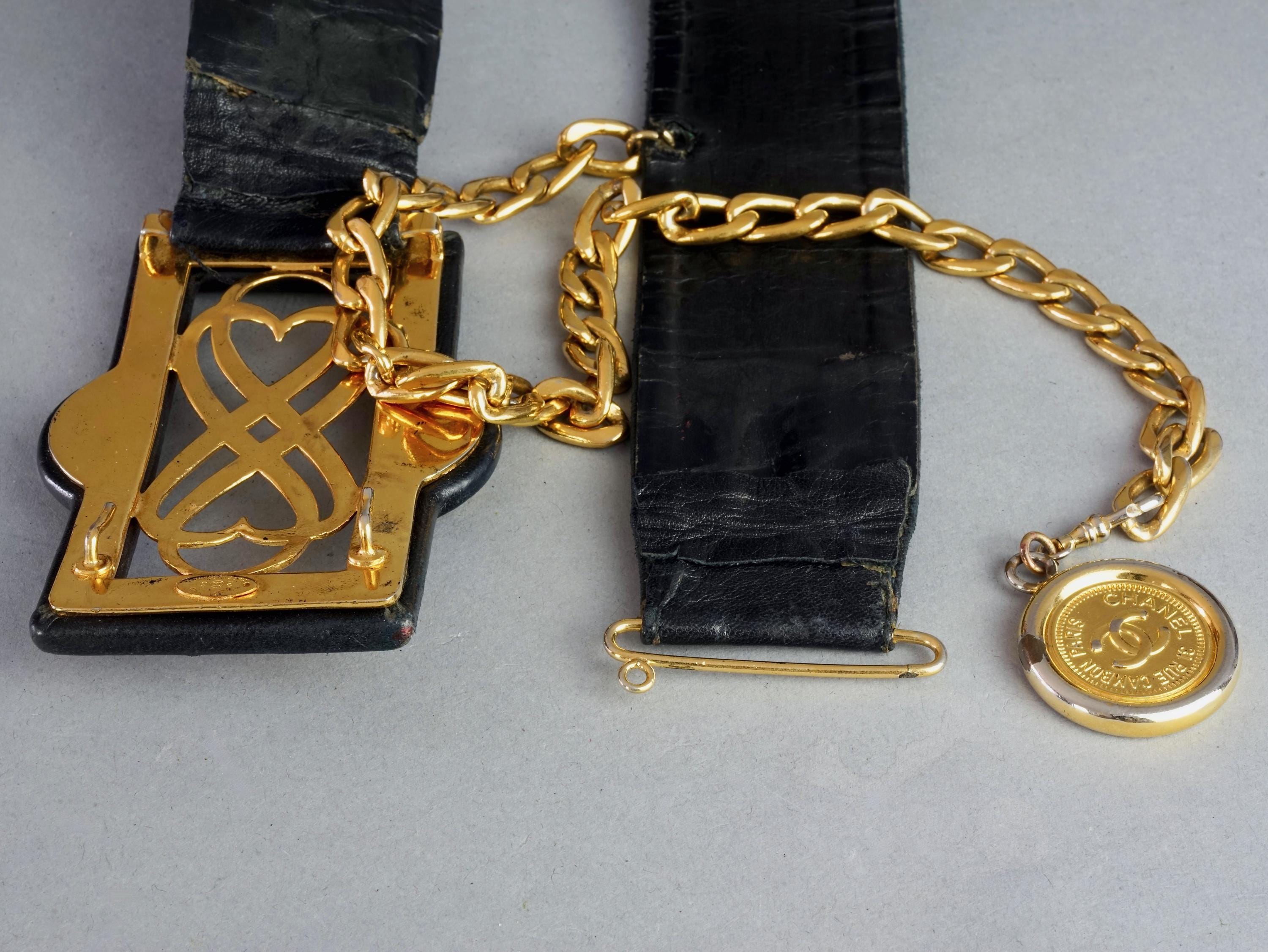 Vintage CHANEL Medallion Logo Chain and Black Leather Belt 