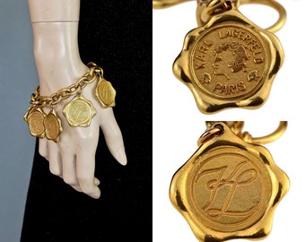 Vintage KARL LAGERFELD Logo Wax Seal Coin Medallion Charm Bracelet