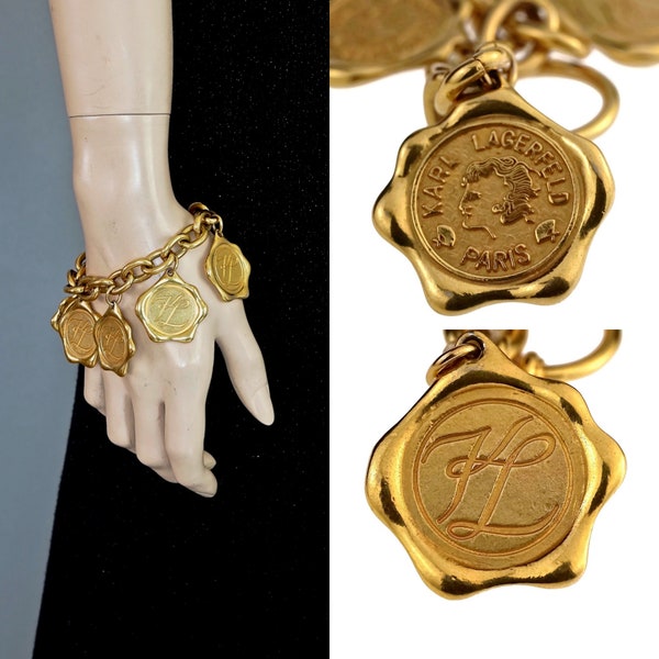 Vintage KARL LAGERFELD Logo Wax Seal Coin Medallion Charm Bracelet