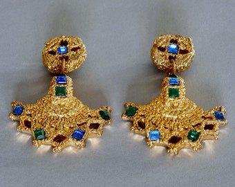 Boucles D'oreilles Vintage F.Volle Paris Années 80 - Résine Et Strass Doré - Clip