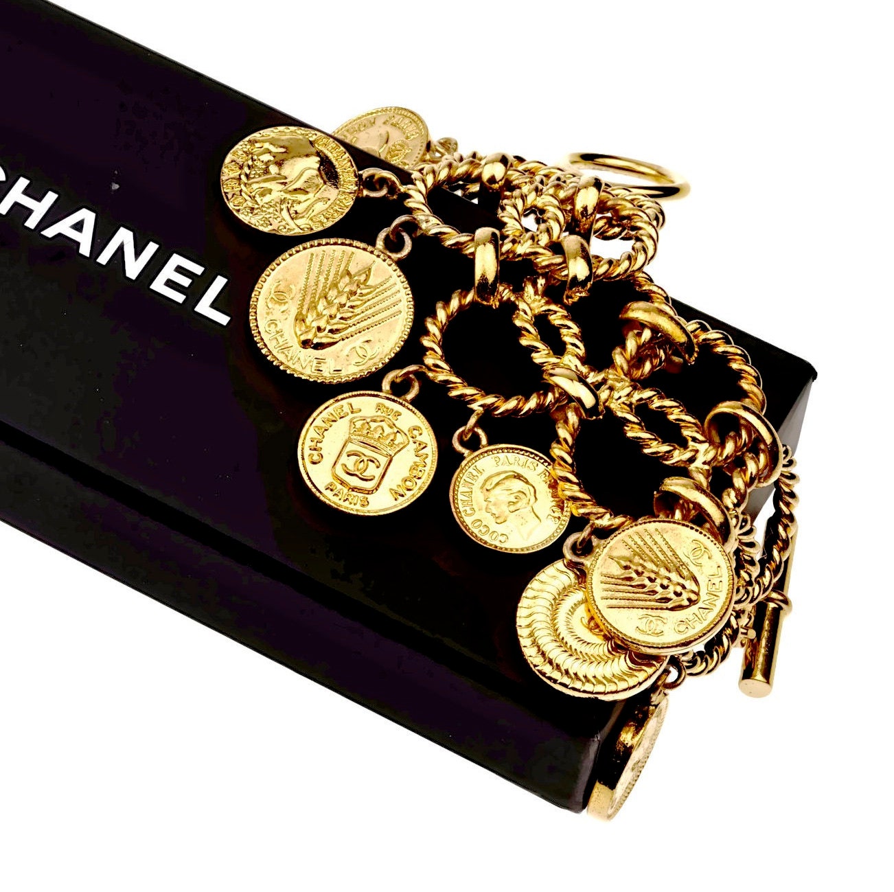 Vintage ICONIC CHANEL Logo Coin Medallion Charm Hoop Chain