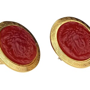 Vintage GIANNI VERSACE Red Medusa Greek Keys Medallion Disc Earrings image 5