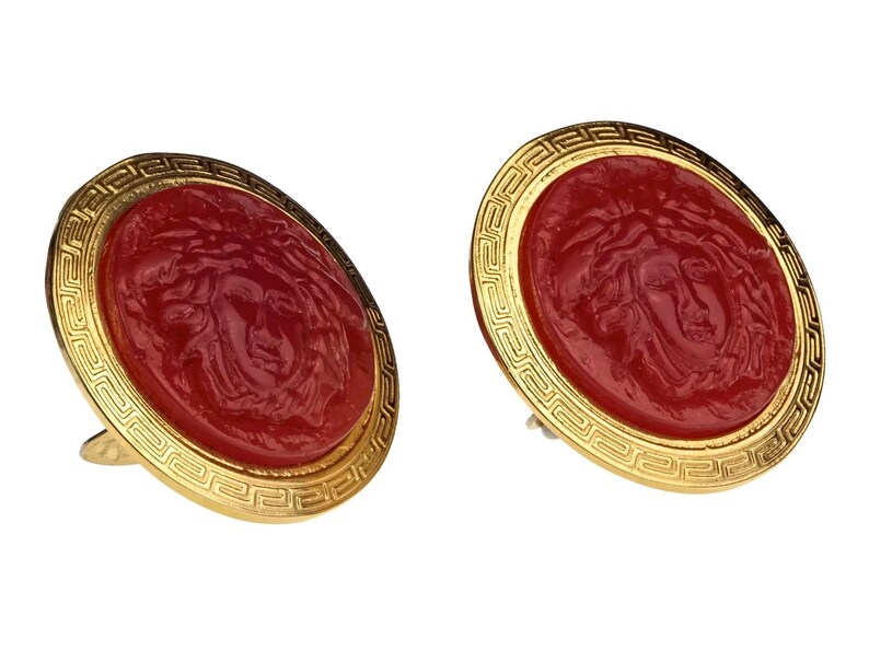 Vintage GIANNI VERSACE Red Medusa Greek Keys Medallion Disc Earrings image 5