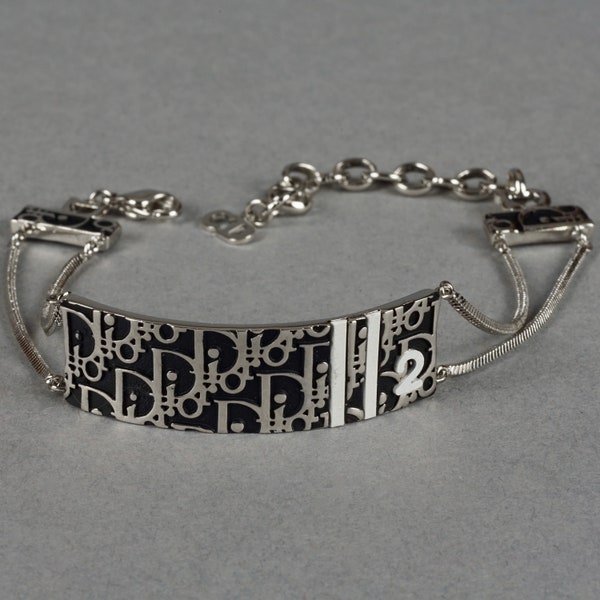 vintage CHRISTIAN DIOR Monogram Logo Enamel ID Plate Silver Multi Chain Bracelet