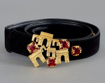 Vintage CELINE PARIS Arc De Triomphe Jewelled Black Suede Leather Belt