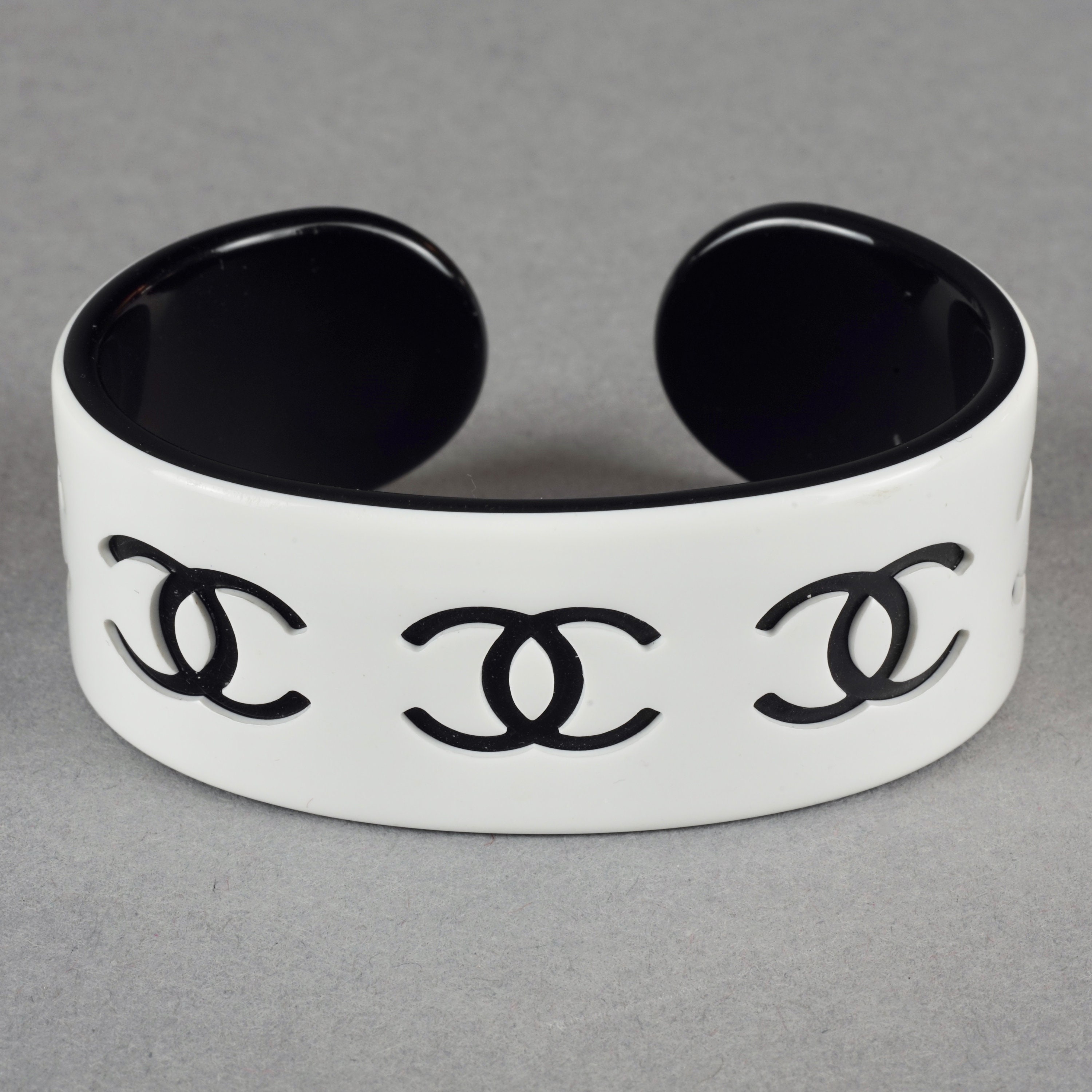 Vintage CHANEL White and Black CC Logo Perspex Cuff Bracelet