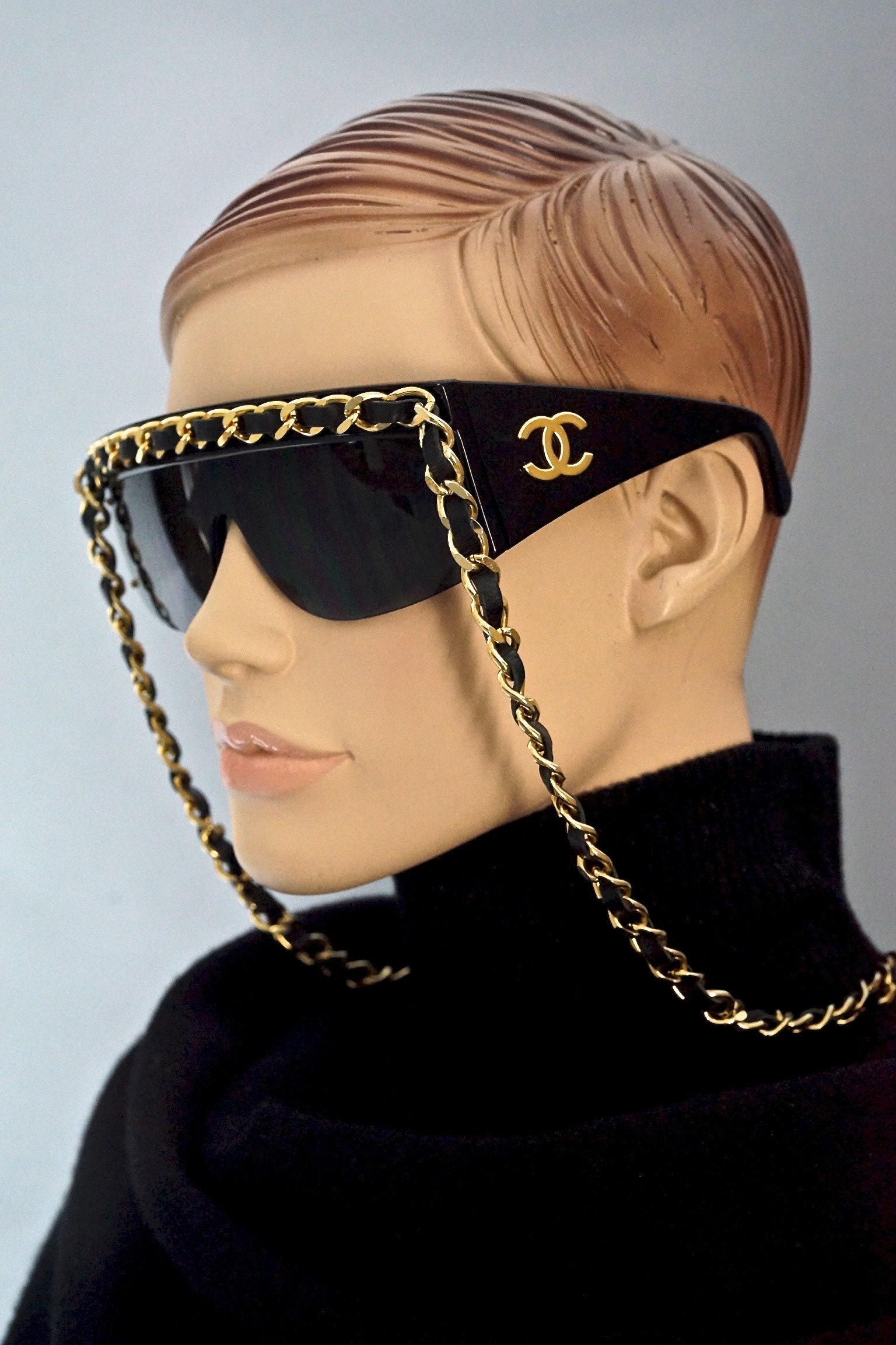 Vintage 1992 CHANEL Iconic Logo Leather Chain Drop Sunglasses 