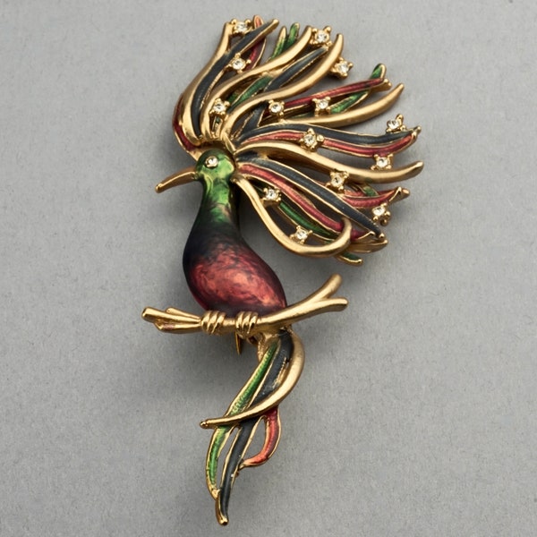 Vintage LOUIS FERAUD Jewelled Bird Enamel Brooch