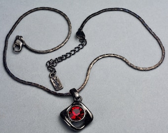 Vintage YVES SAINT LAURENT Ysl Gunmetal Ruby Rhinestone Pendant Necklace