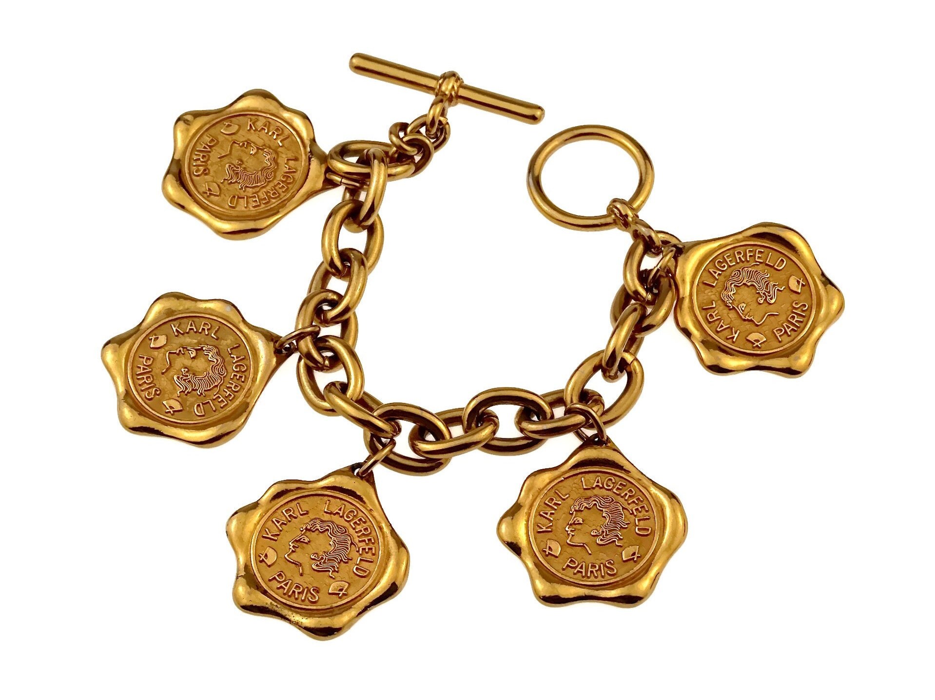Vintage KARL LAGERFELD Logo Wax Seal Coin Medallion Charm Bracelet 
