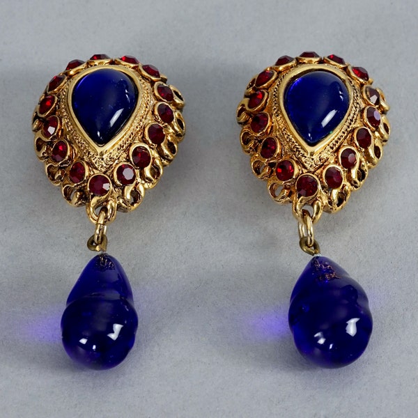 Vintage CLAIRE DEVE Byzantine Glass Cabochon Unsigned Dangling Earrings