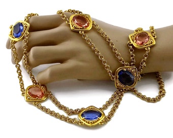 Collana lunga vintage YSL Yves Saint Laurent con pietre di vetro colorato e catena multistrato