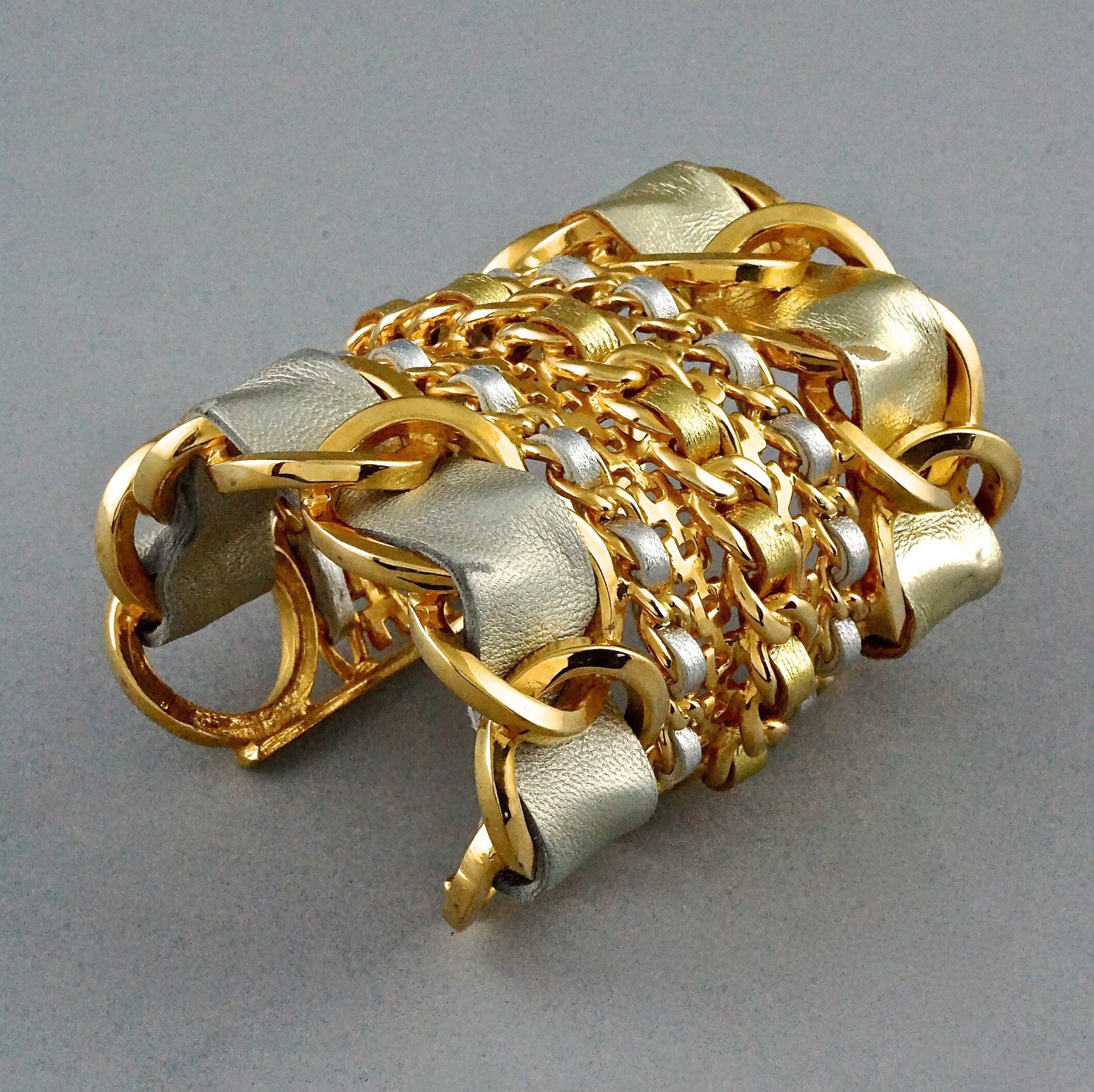 Vintage Massive CHANEL Gold Silver Leather Chain Cuff Vintage Massive CHANEL Gold Silver Leather Chain Cuff