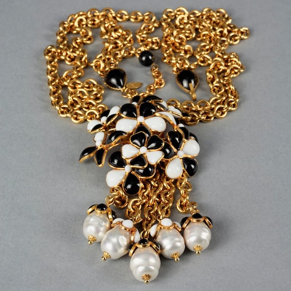 Vintage 1980's Chanel Pearl Camellia Crystal Necklace