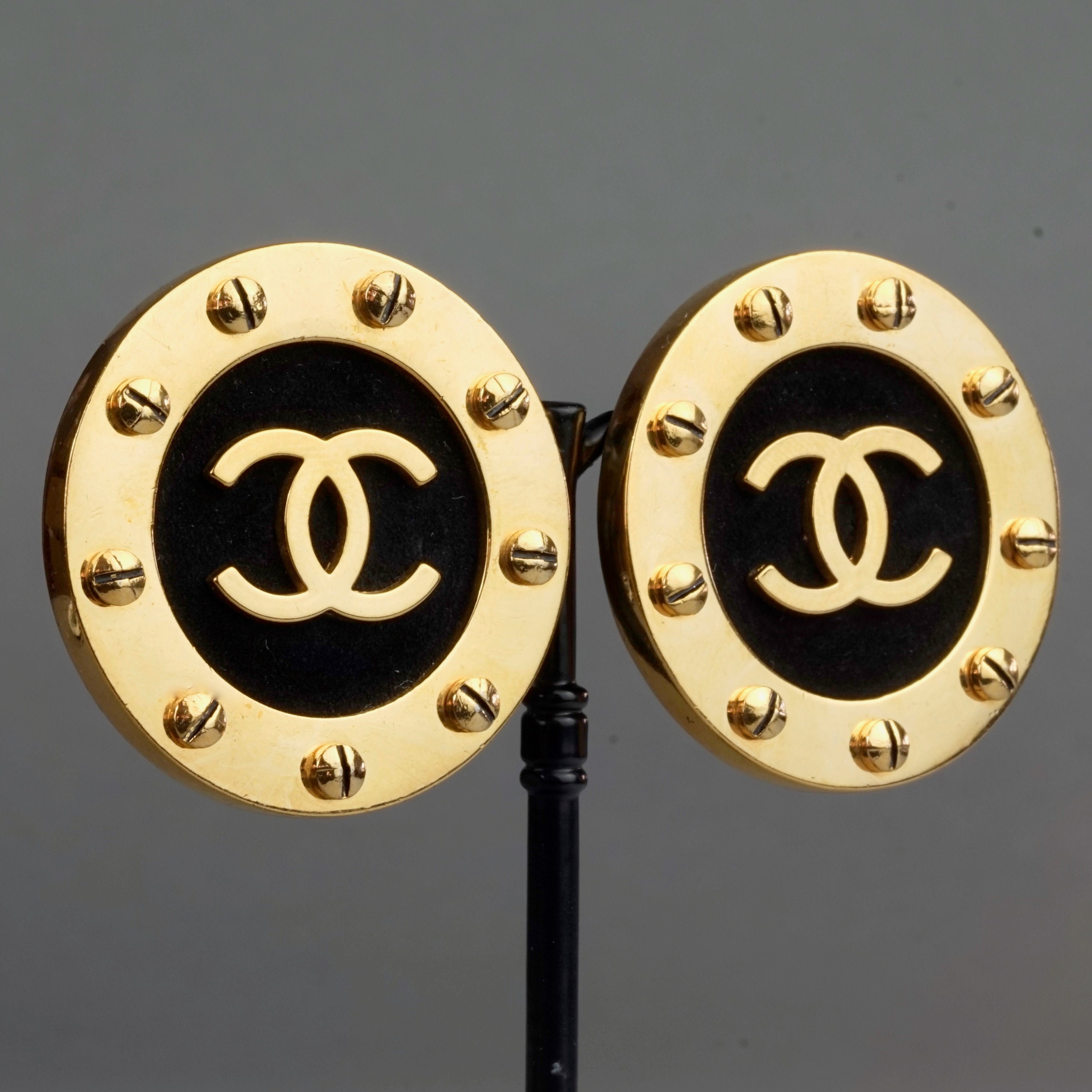 Chanel Vintage Collection 29 Large Oversized Gold and Black CC Logo Statement Giant Stud Earrings
