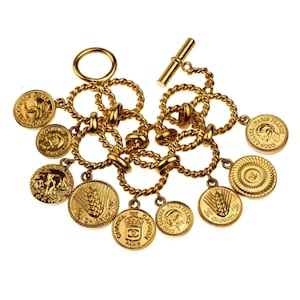 Vintage ICONIC CHANEL Logo Coin Medallion Charm Hoop Chain Bracelet