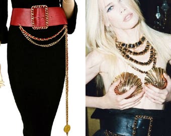 Vintage CHANEL Claudia Schiffer Wide Long Chain Medallion Red Leather Belt