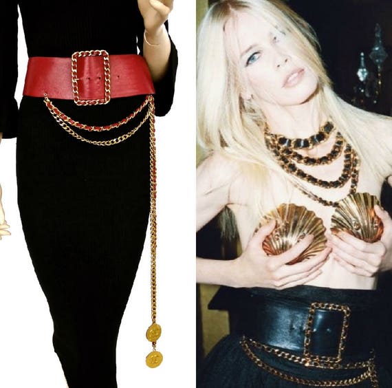 CHANEL  ICONIC LEATHER AND GOLD-TONE CHAIN BELT