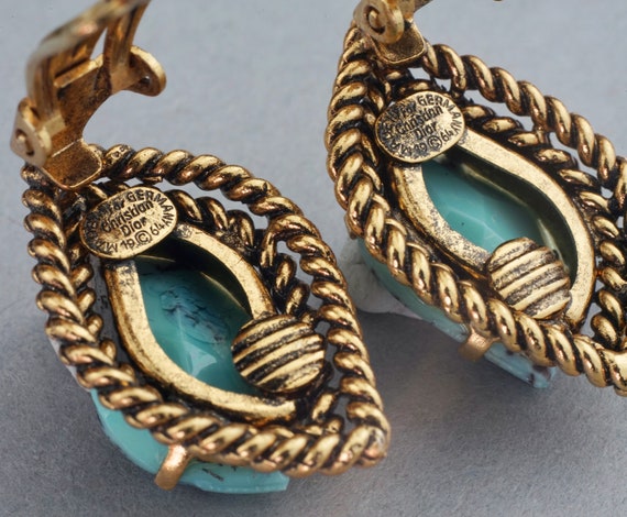 Boucles D'oreilles Pendantes Vintage Filou - Clips Dorés Avec Cabochons Turquoise - Occasion En Bon état