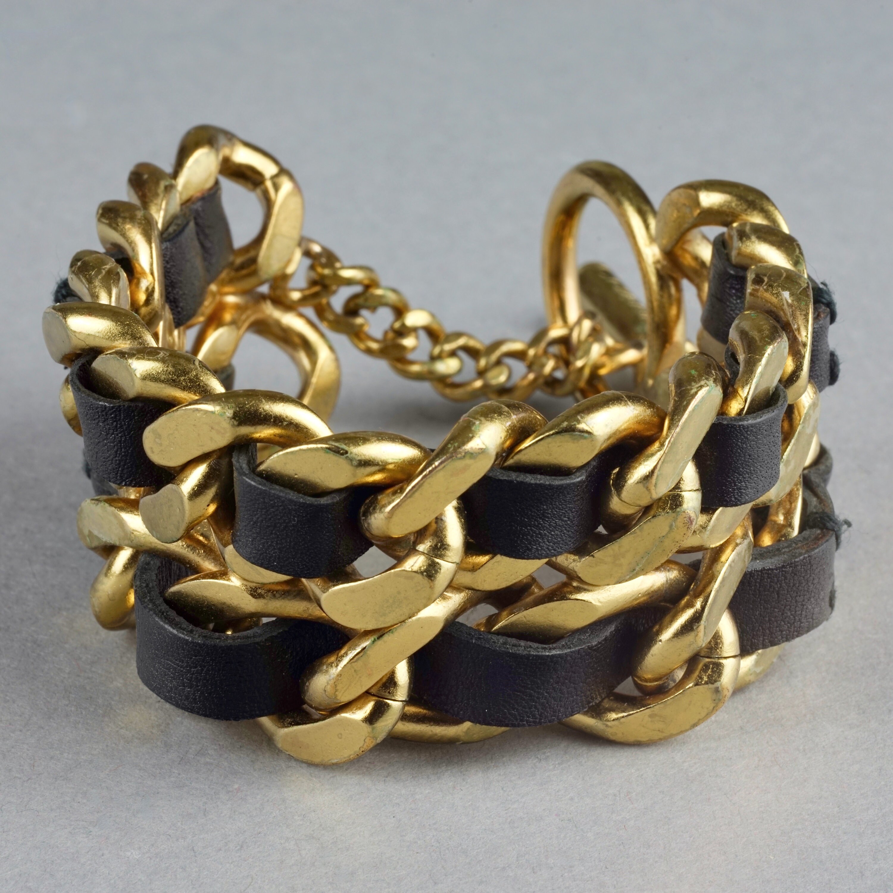 Chanel CC Black Leather Woven Gold Tone Chain Bangle Bracelet Chanel TLC #4 Chanel CC Black Leather Woven Gold Tone Chain Bangle Bracelet Chanel TLC