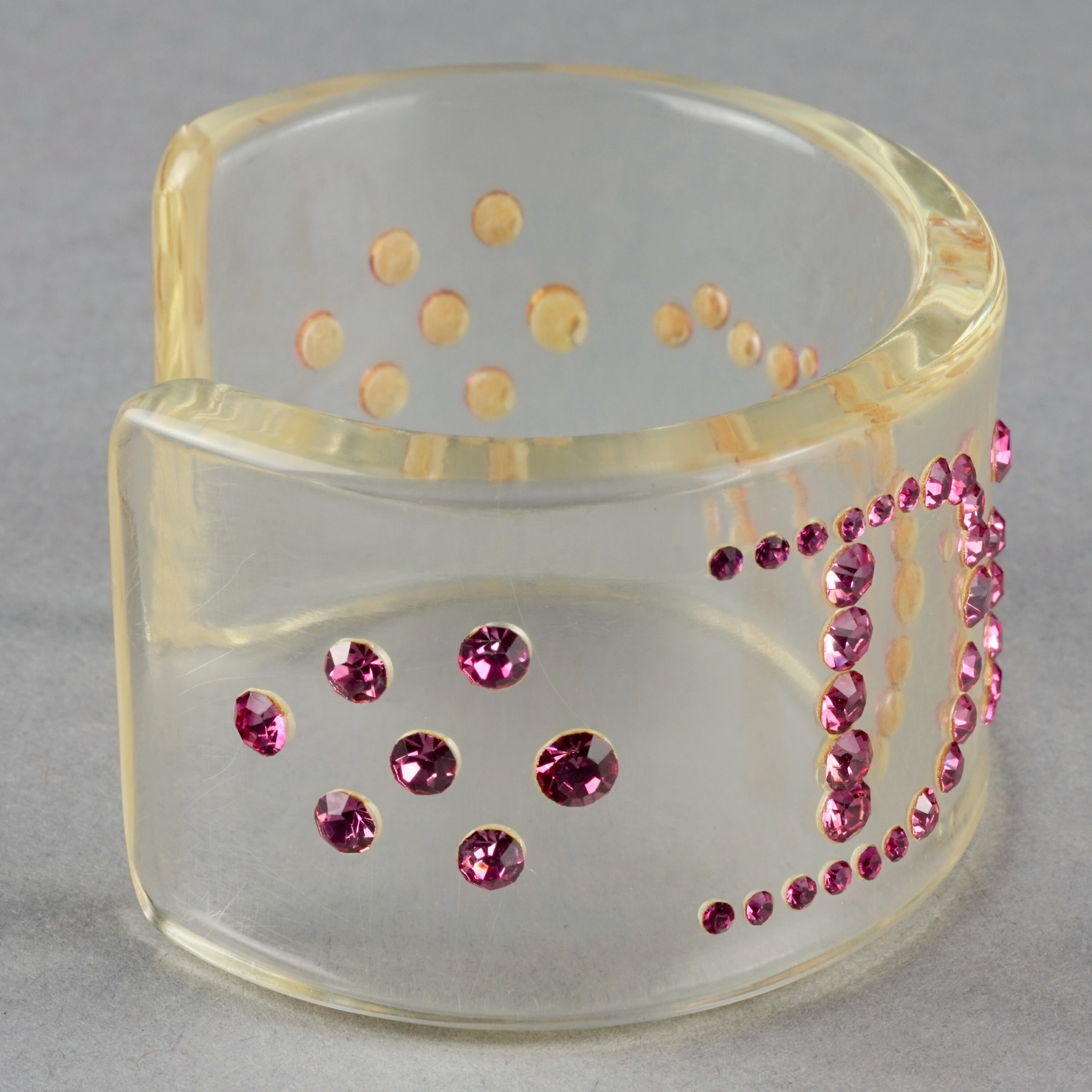 Vintage CHRISTIAN DIOR Pink Logo Rhinestone Lucite Bracelet Cuff