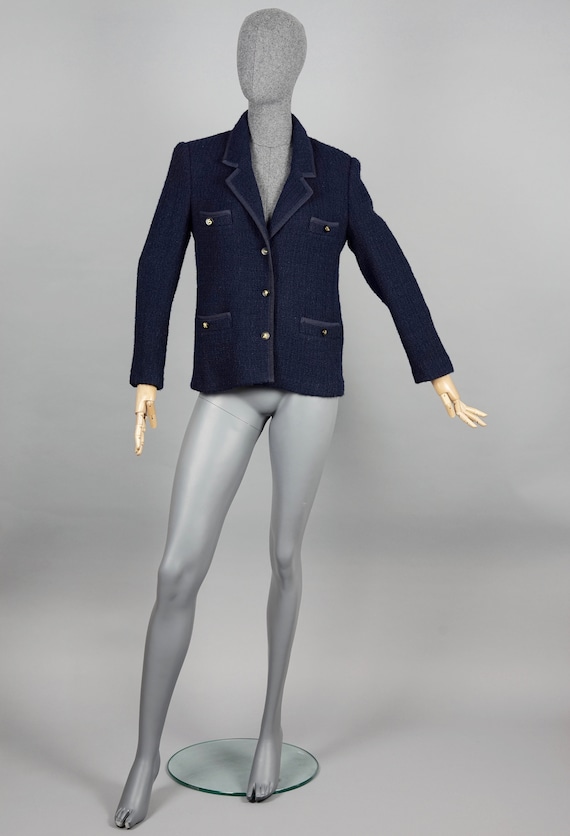 Vintage 1995 CHANEL Navy Blue Tweed Lucky Charm Button Jacket 