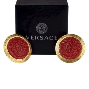 Vintage GIANNI VERSACE Red Medusa Greek Keys Medallion Disc Earrings image 6