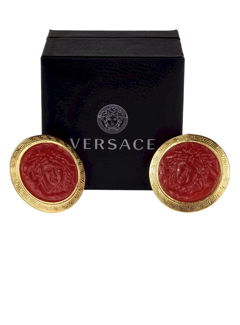 Vintage GIANNI VERSACE Red Medusa Greek Keys Medallion Disc Earrings image 6