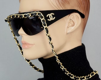 vintage 1992 CHANEL Iconic Logo Lunettes de soleil à chaîne en cuir