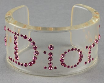 Vintage CHRISTIAN DIOR Pink Logo Rhinestone Lucite Bracelet Cuff