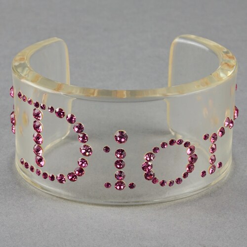 Vintage CHRISTIAN DIOR Pink Logo Rhinestone Lucite Bracelet Cuff