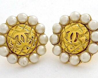 Vintage Massive CHANEL Quilted CC Logo Pearl Earrings