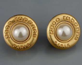 Vintage PACO RABANNE Logo Pearl Earrings 