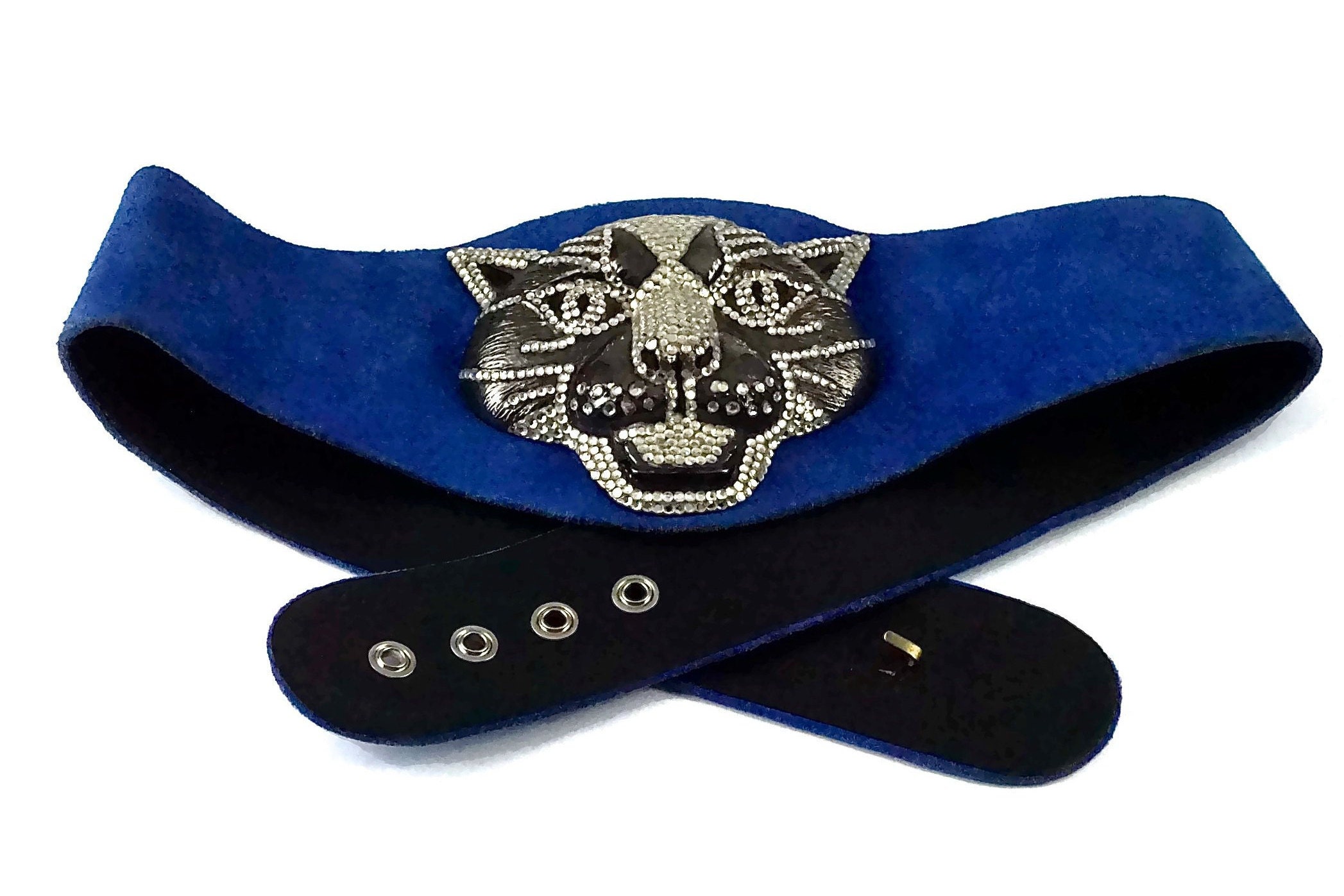 Massive Panther head 1970s Henryks Bijoux suede belt Vintage HENRYKS BIJOUX VIENNE Jewelled Leopard Head Red  main image 3