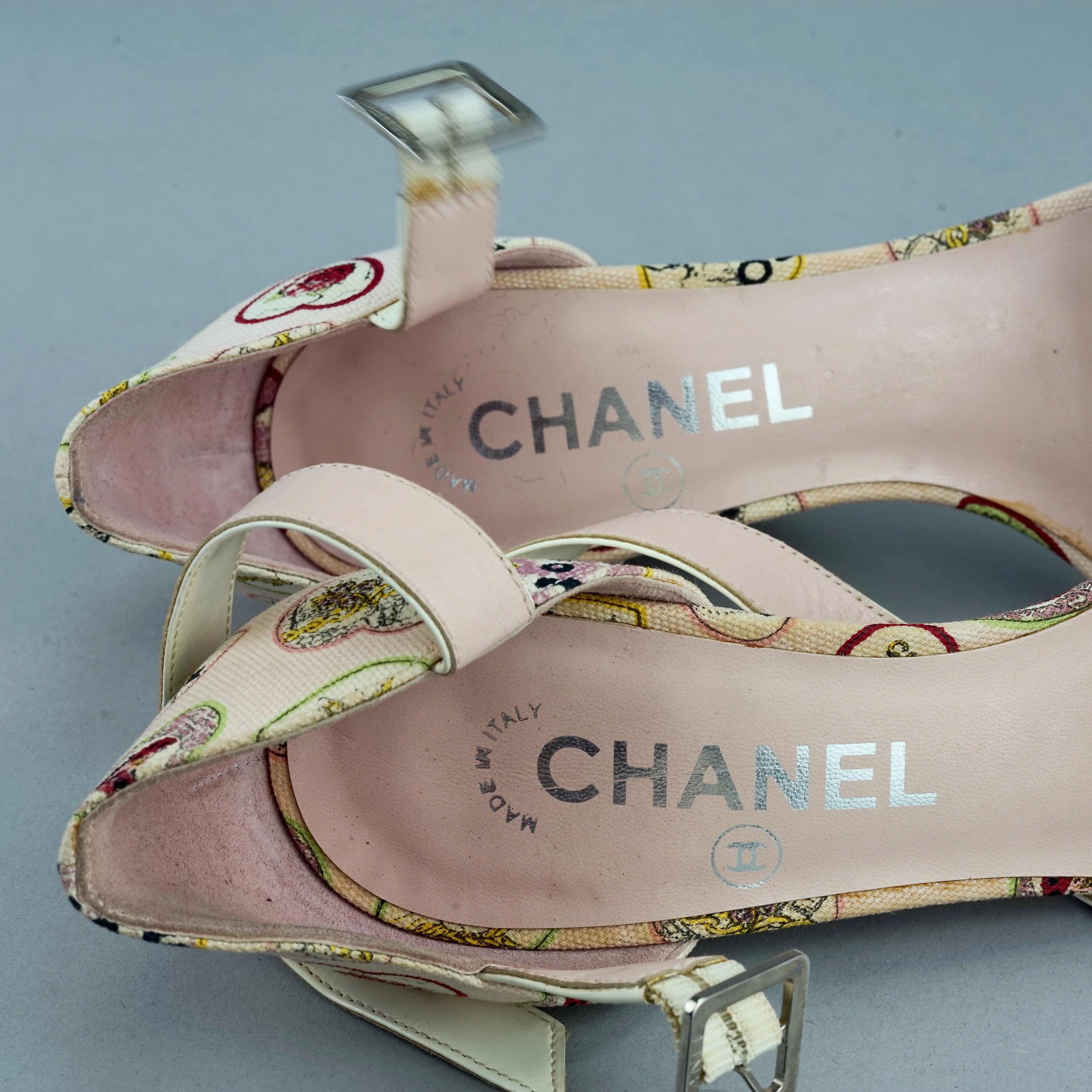 Buy Vintage CHANEL Logo Heart Print Open Toe Ankle Strap High Heel