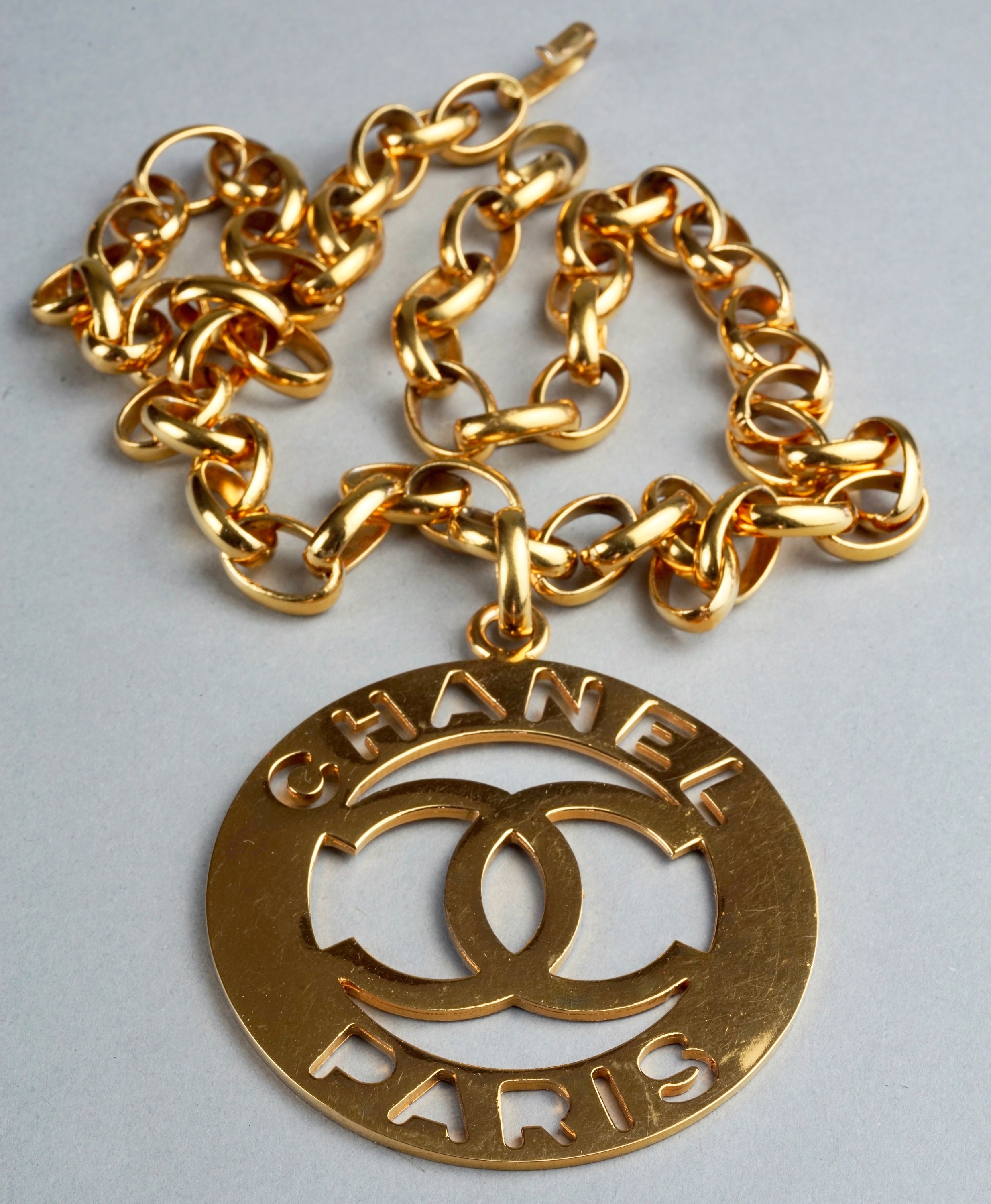 Vintage Jumbo CHANEL PARIS Cutout Logo Medallion Necklace 