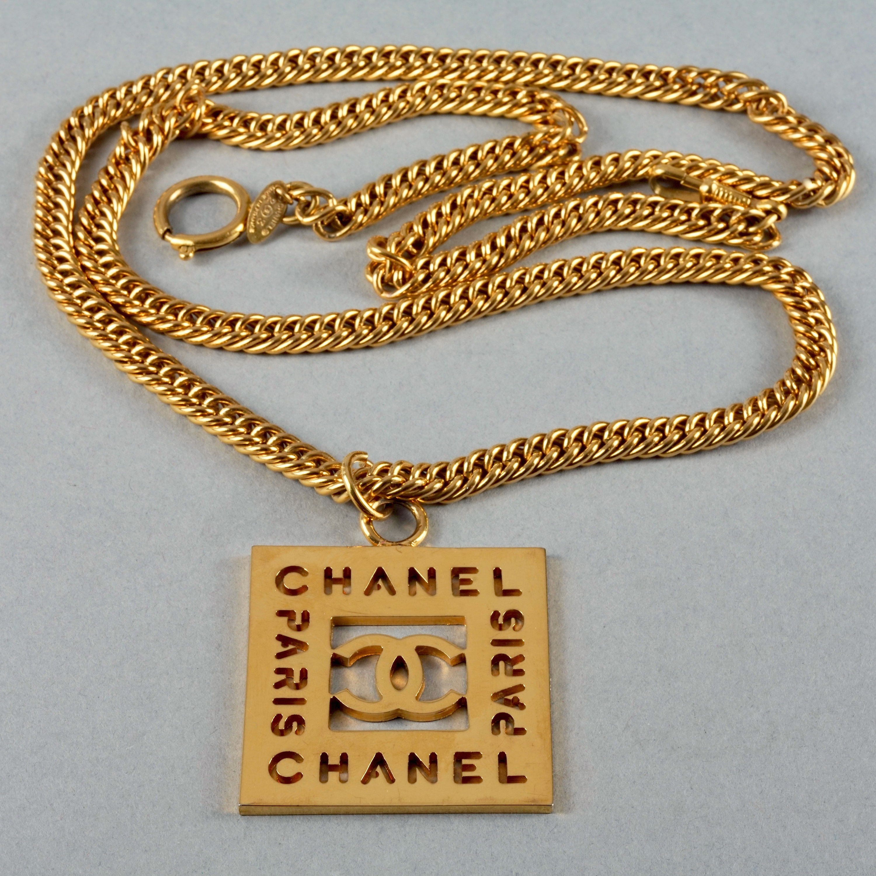 Vintage CHANEL PARIS Logo Cutout Square Pendant Necklace 