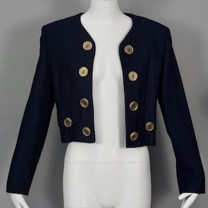 Chaqueta corta vintage MOSCHINO barata y chic con botones de brújula en azul oscuro