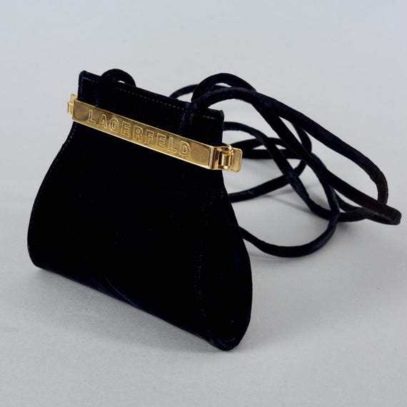 Vintage KARL LAGERFELD Logo Gold Bar Black Velvet Crossbody 