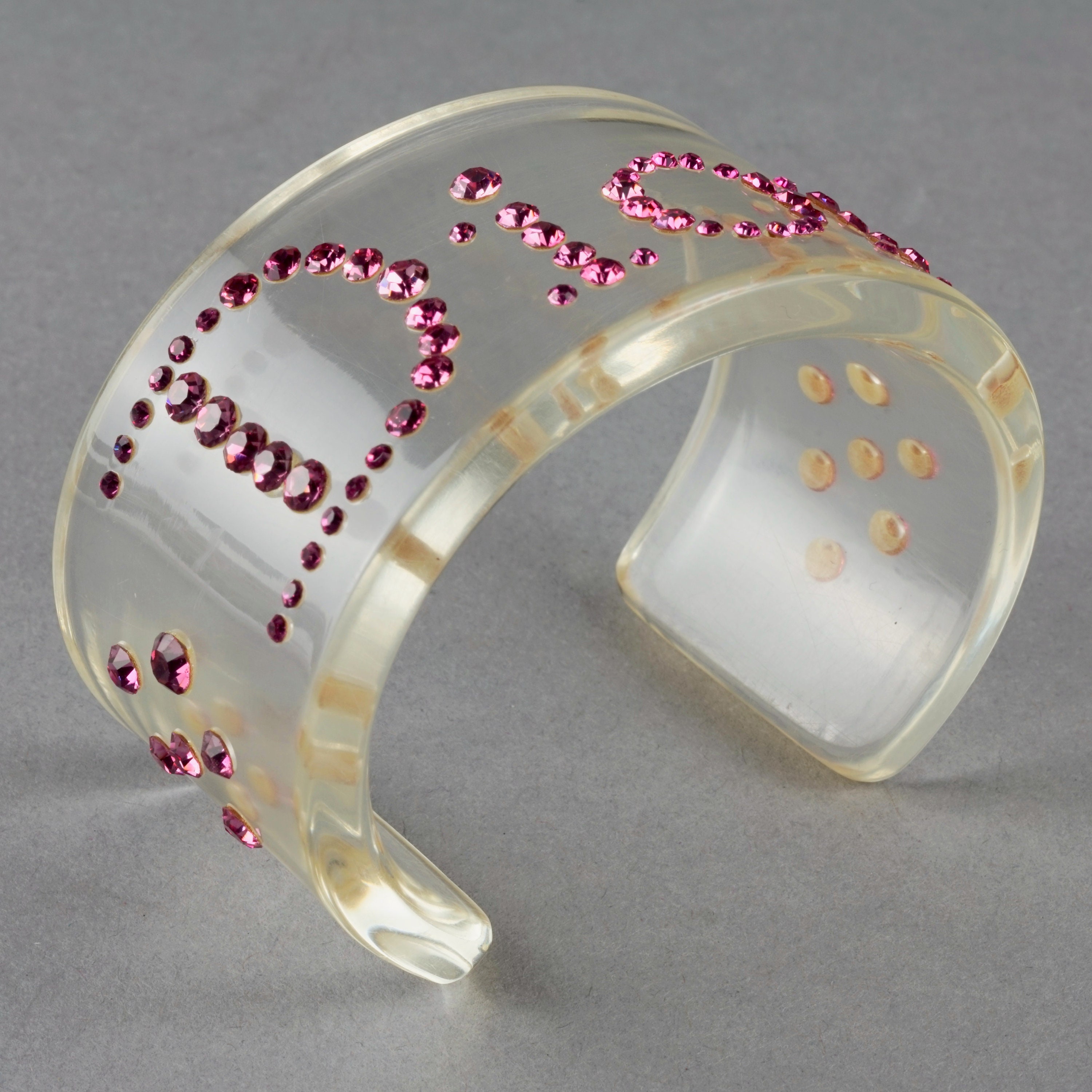 Vintage CHRISTIAN DIOR Pink Logo Rhinestone Lucite Bracelet