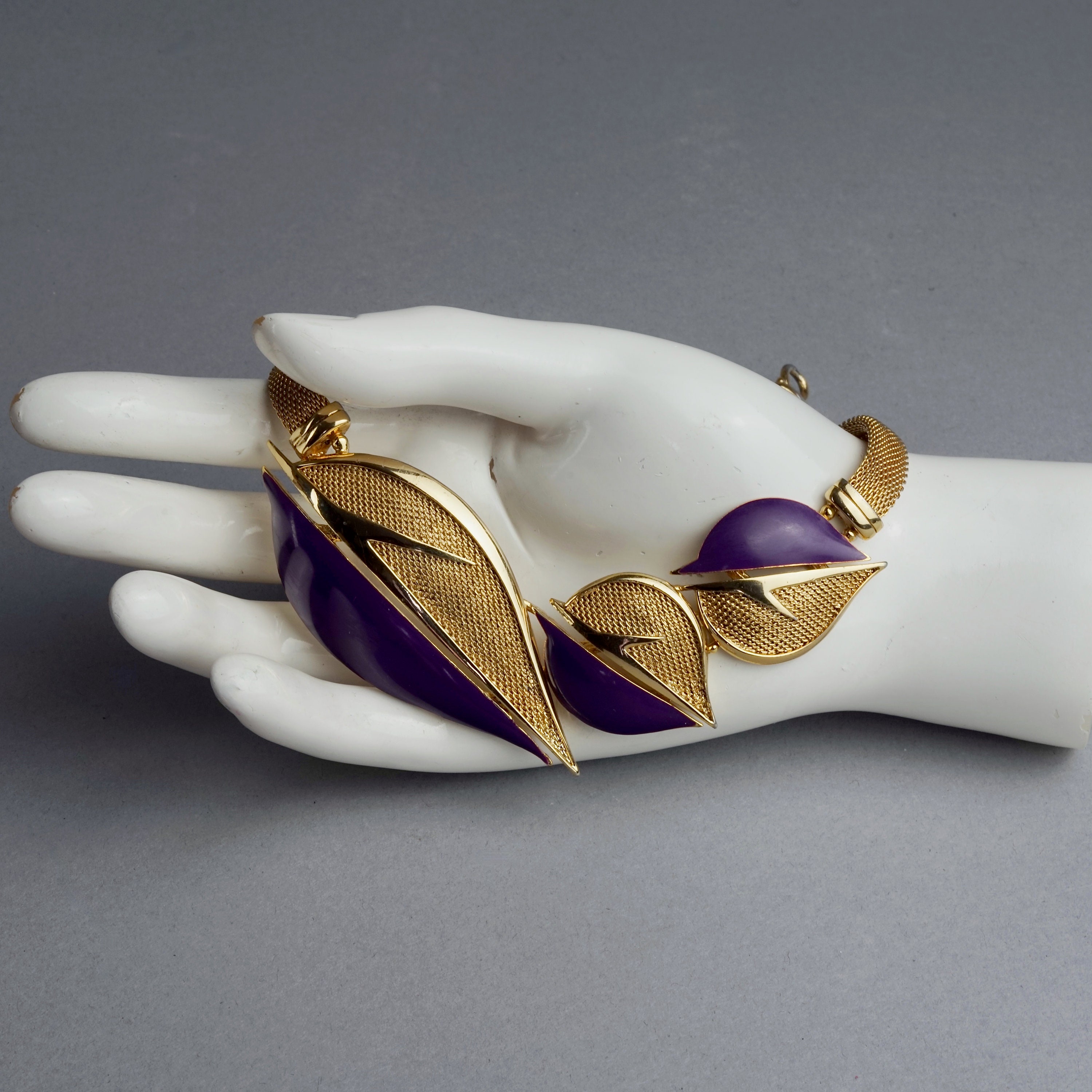 Vintage BALENCIAGA Violet Enamel Leaves Mesh Choker Necklace Vintage BALENCIAGA Violet Enamel Leaves Mesh Choker Necklace