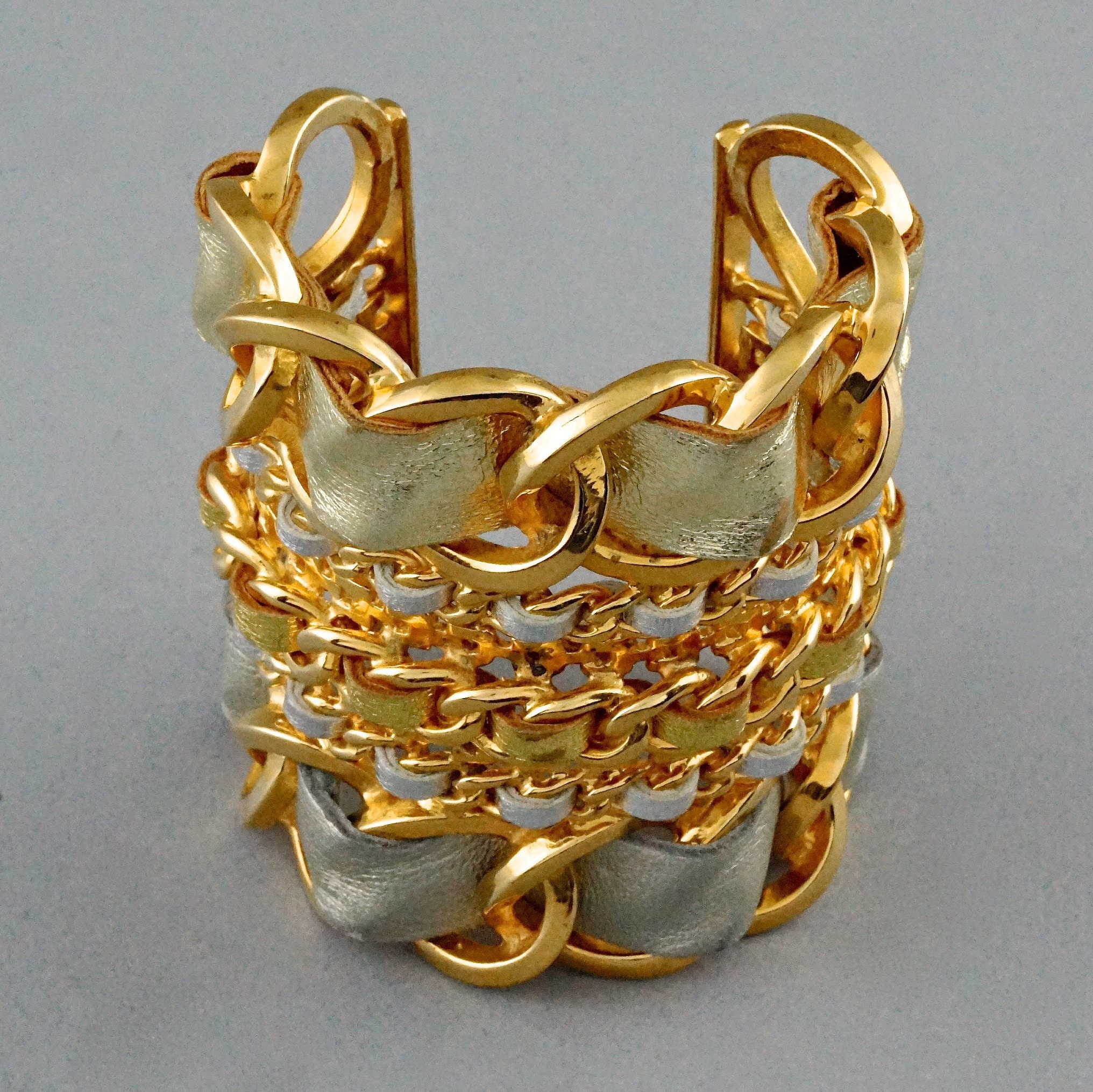 Vintage Massive CHANEL Gold Silver Leather Chain Cuff Vintage Massive CHANEL Gold Silver Leather Chain Cuff