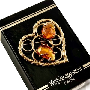 Vintage YSL Yves Saint Laurent by Robert Goossens Openwork Heart Amber Resin Brooch