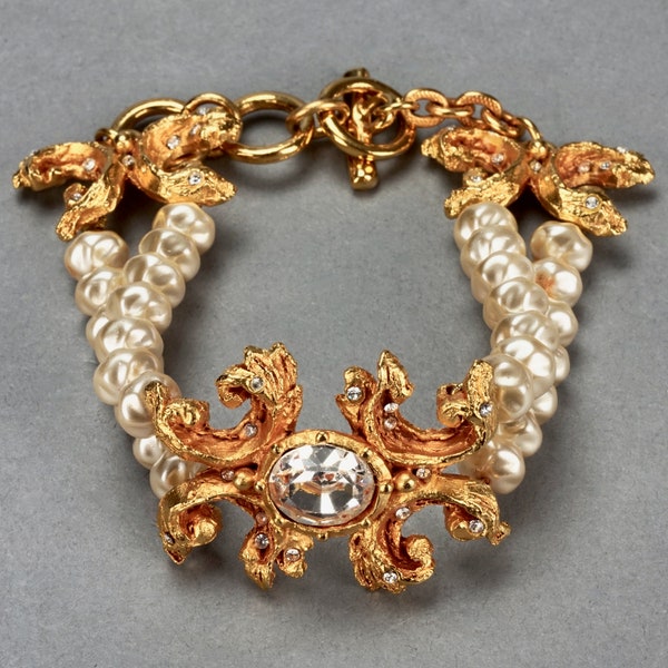 Vintage CHRISTIAN LACROIX Baroque Rhinestone 2 Layer Pearl Bracelet