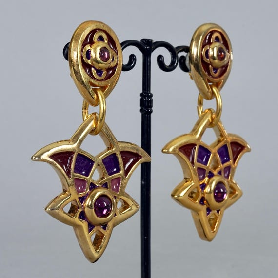Vintage FREDERIC VOLLE PARIS Mogul Filigree Cabochon Enamel Drop Earrings