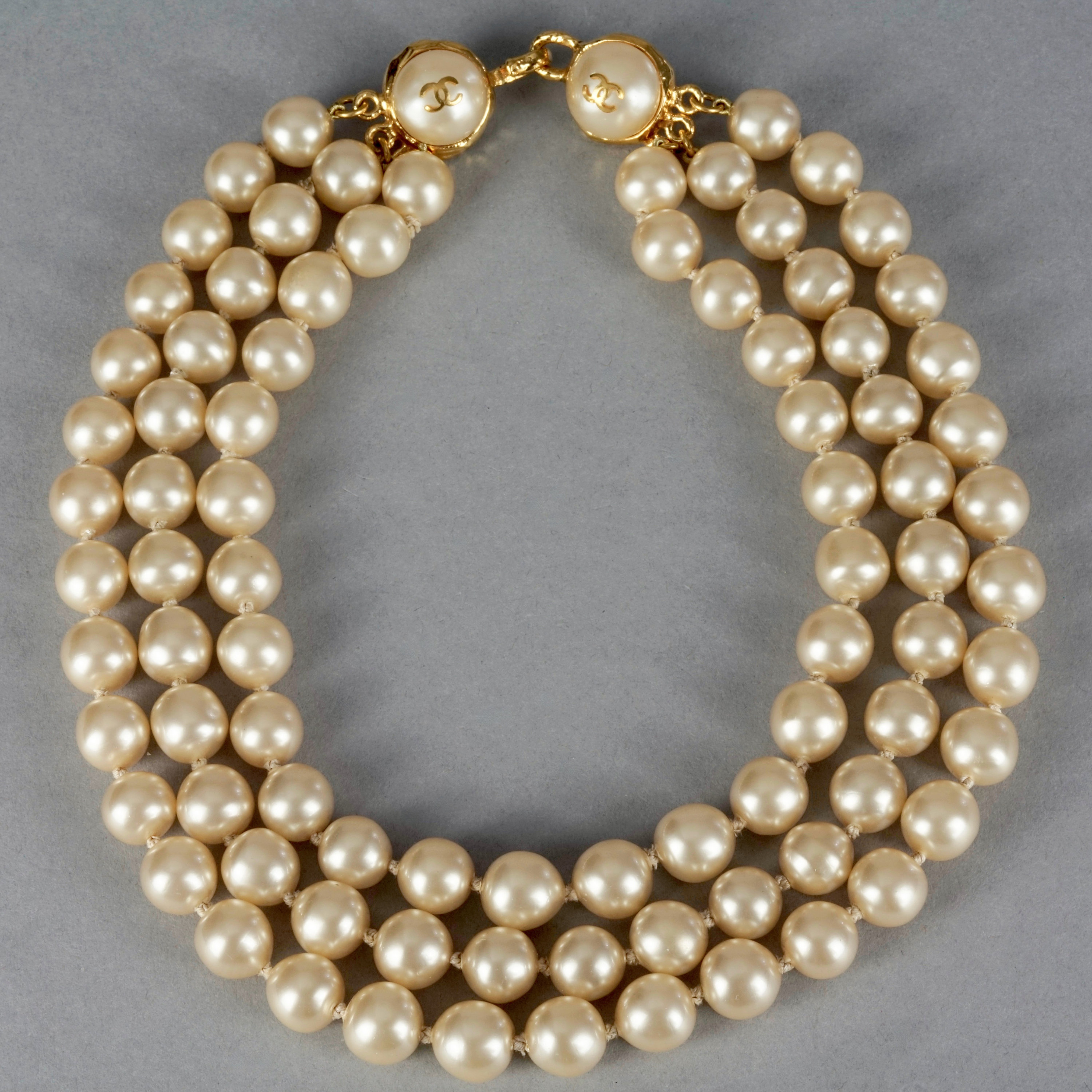 Vintage CHANEL CC Logo Triple Strand Pearl Necklace 