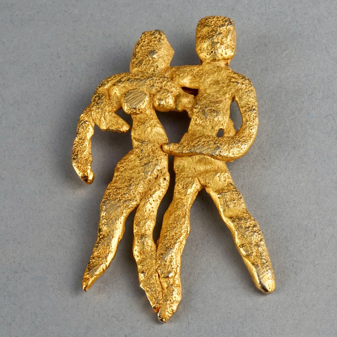 Broche Vintage Signée Linda Hattab Paris - Style Brut Moderniste - Métal Doré