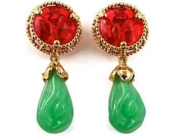 Vintage YSL Yves Saint Laurent Ruby Jade Poured Glass Drop Earrings